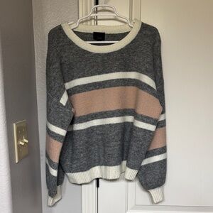 Lumiere Gray and Pink Striped Crew Neck Sweater